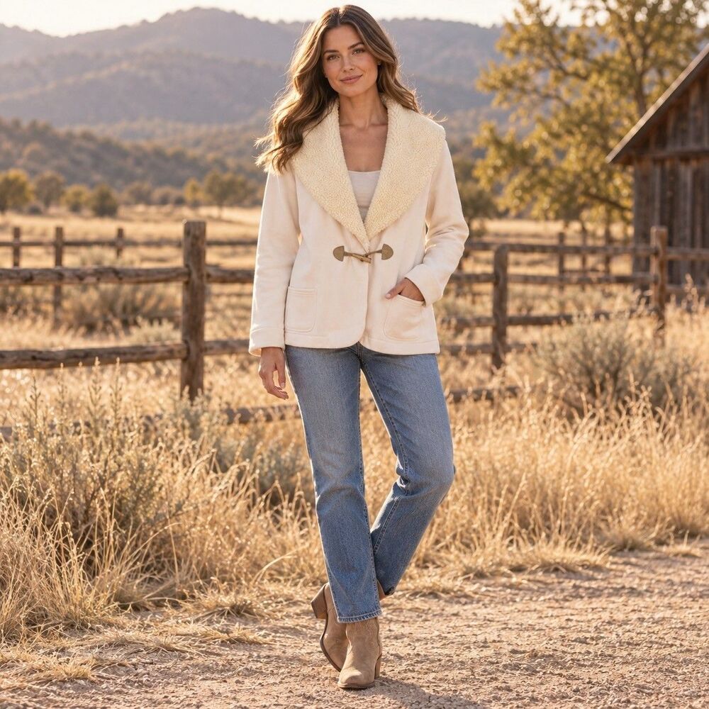 Lauren Ralph Lauren Cream Sherpa Collar Fleece Toggle Jacket Sz XL Boho Western